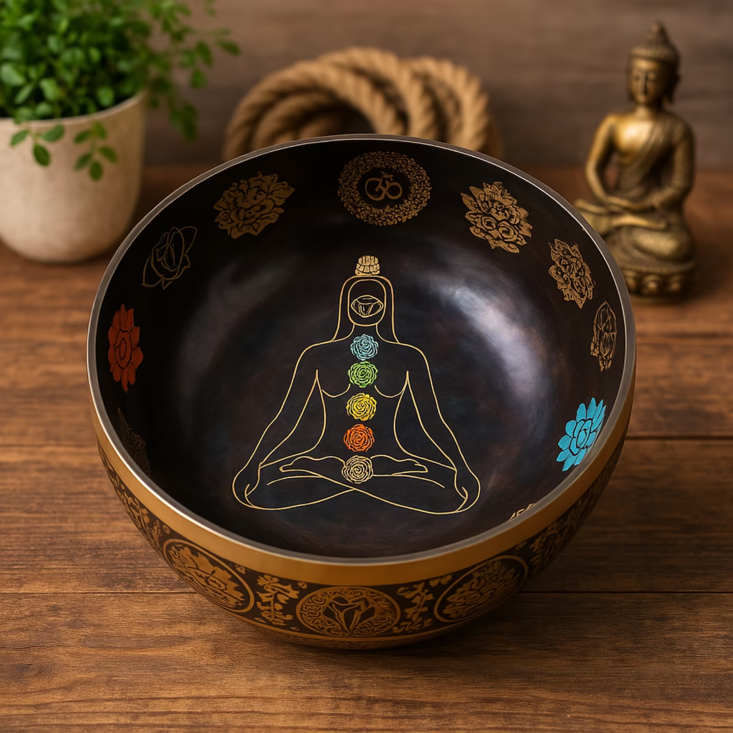 Handgehämmerte Klangschale mit 7 Chakren & Yogini – Ø 38 cm