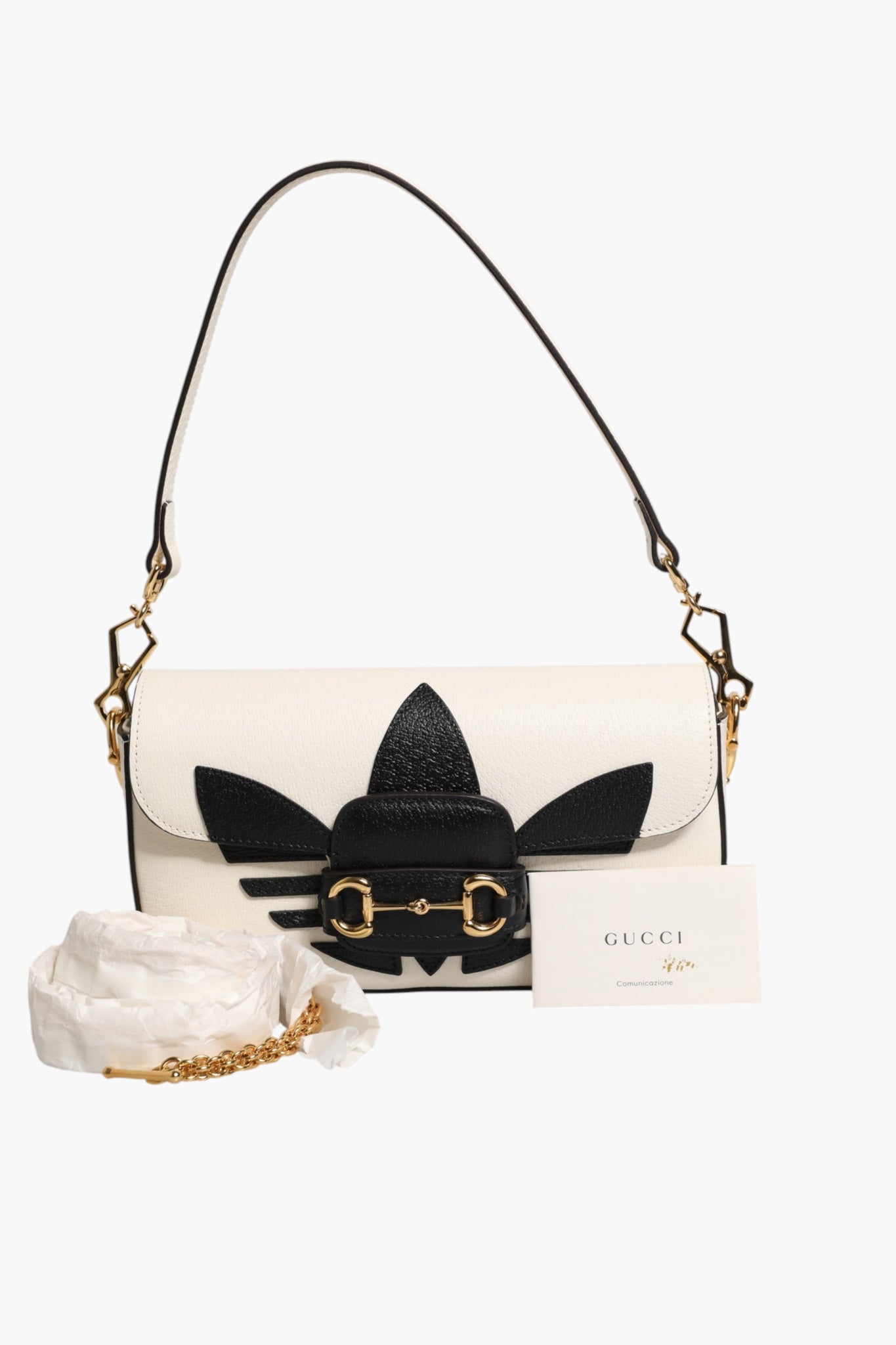 Gucci x Adidas Horsebit 1955 Schultertasche aus weißem und schwarzem Kalbsleder