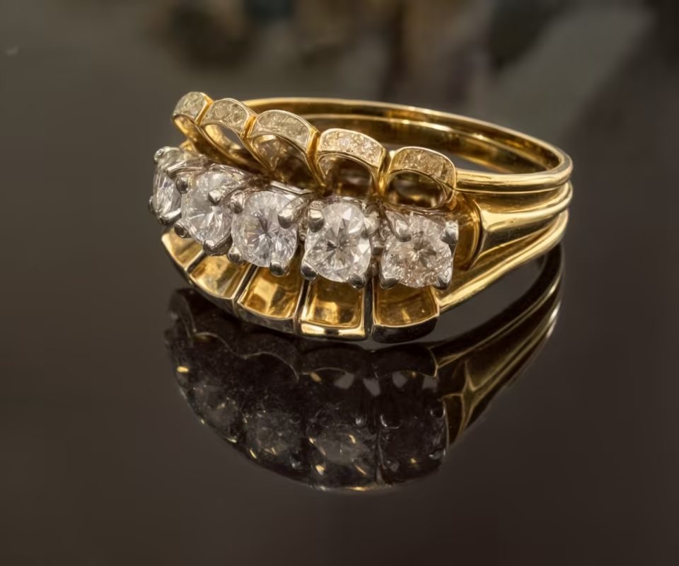 585er Vintage Goldring (14K) 5 Diamanten 0,50 ct – Gelbgold, 6,5g