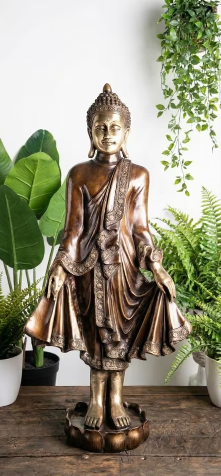 Große Stehende Buddha Statue (108 cm) – Antikes Messing Finish