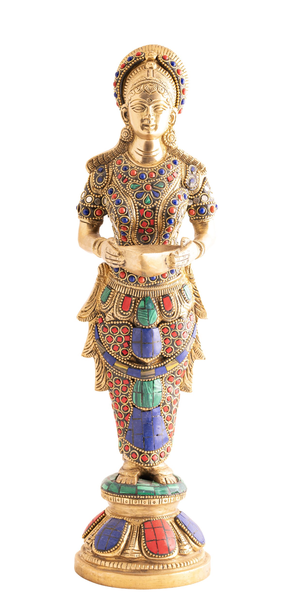 Lakshmi Statue aus Messing - 36 cm / 2,8 kg - Mit bunten Steinen