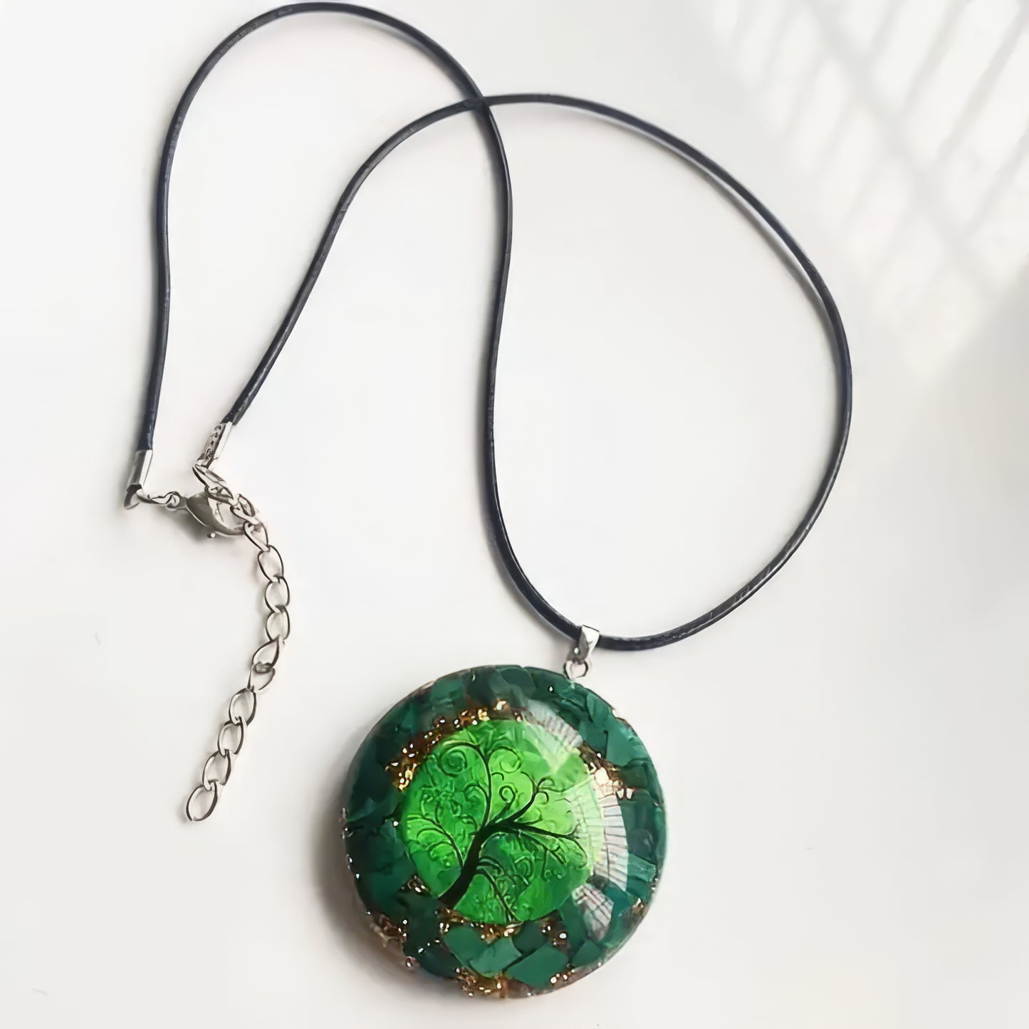Handmade malachite orgone pendant with tree of life motif