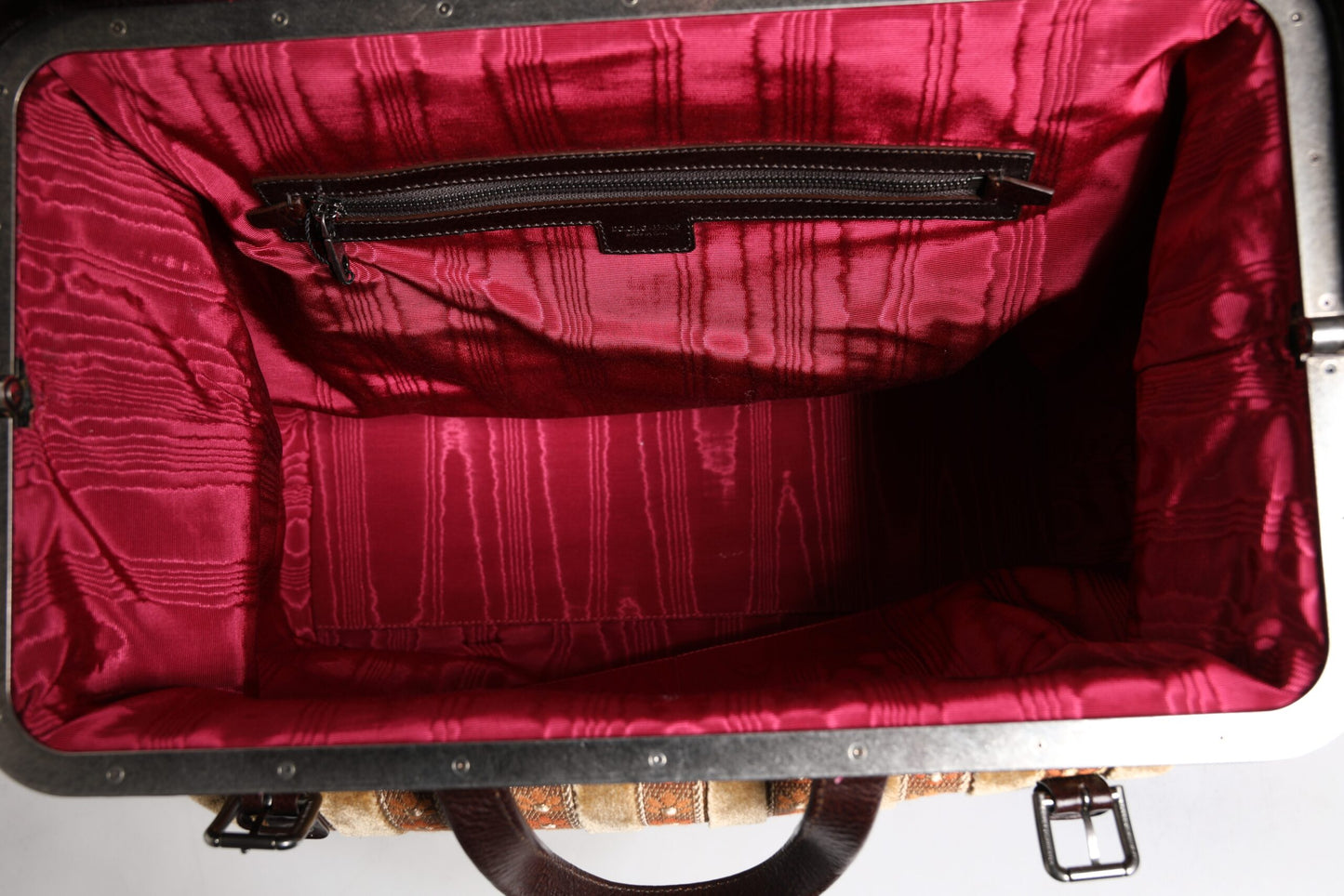 Dolce & Gabbana Beige Maroon Veloursleder Jacquard Reisetasche – Elegante Luxus-Handtasche