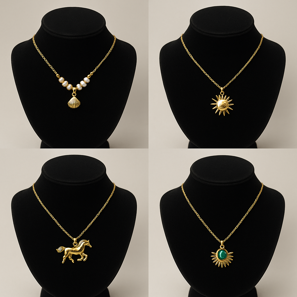 Goldfarbene Halsketten Damen Set – Muschel Sonne Pferd grüner Stein