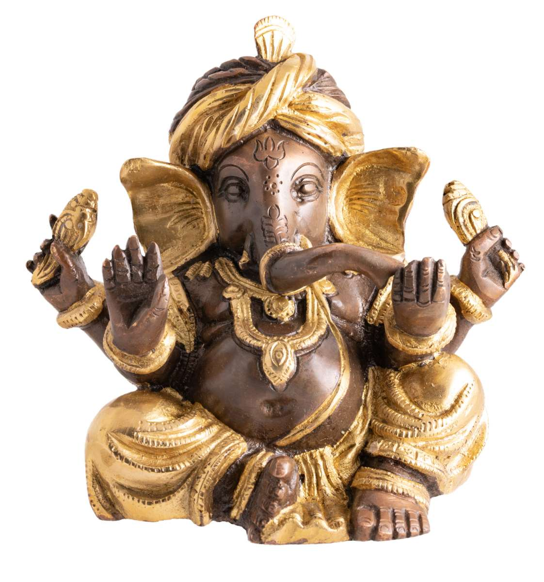 Ganesha mit Turban Statue - 15 cm / 2,3 kg - Gold & Kupfer Finish