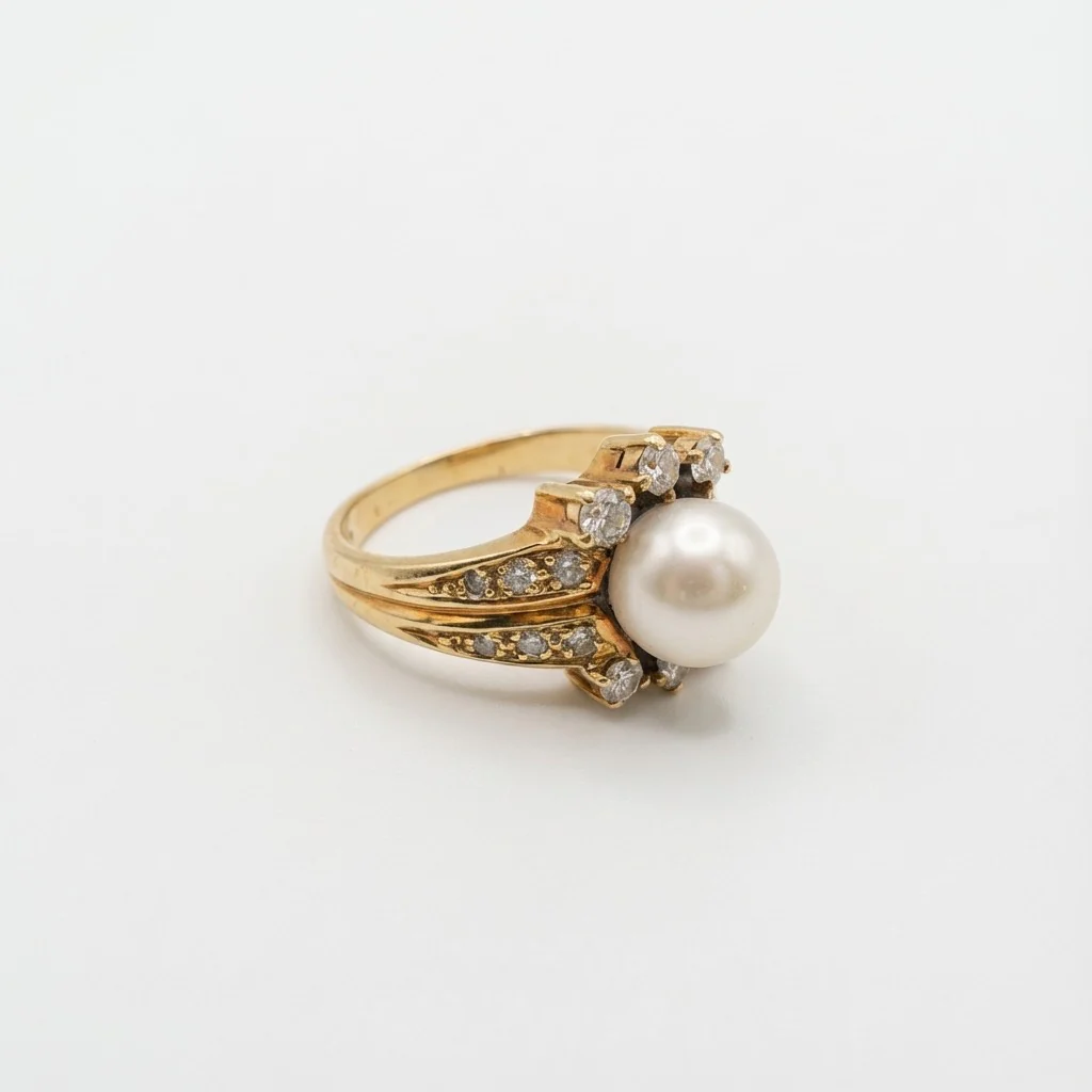 Eleganter Vintage Goldring 585: Feine Zuchtperle & Brillanten