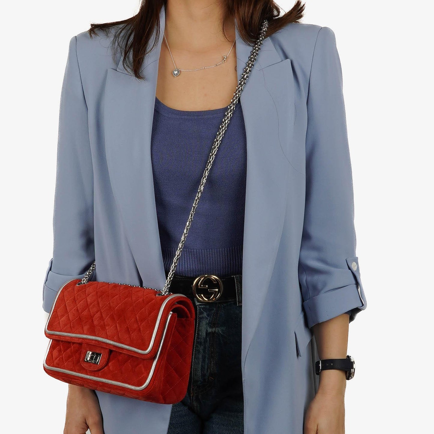 Chanel 2.55 Reissue Medium Double Flap Tasche aus rotem Wildleder und silbernem Leder