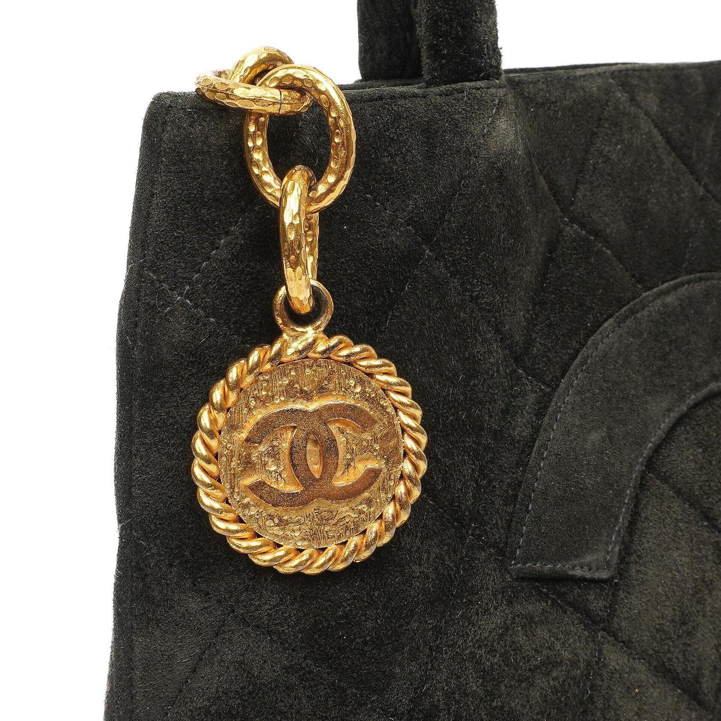 Chanel Medaillon Vintage Tote Tasche In Schwarz Gepolstertem Wildleder