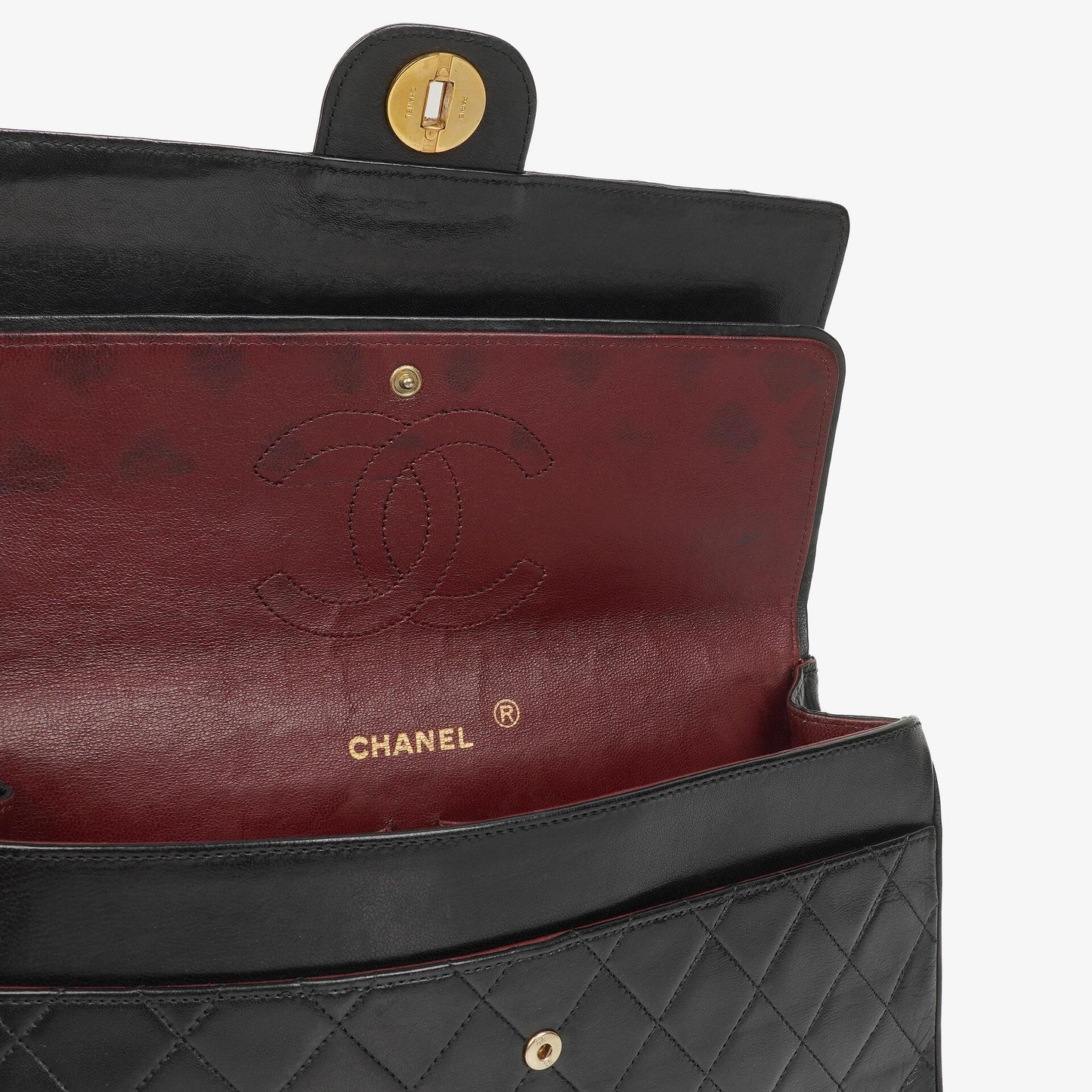 Chanel Vintage Medium Timeless Classic Double Flap Tasche aus schwarzem gestepptem Lammleder mit 24K vergoldeter Hardware und Mademoiselle Kette