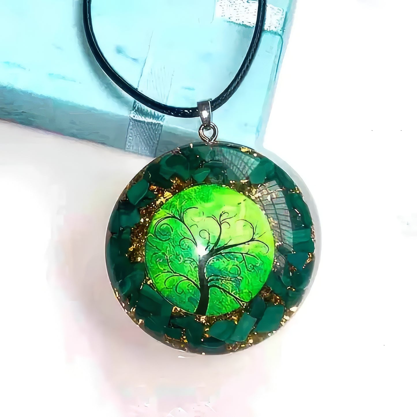Handmade malachite orgone pendant with tree of life motif