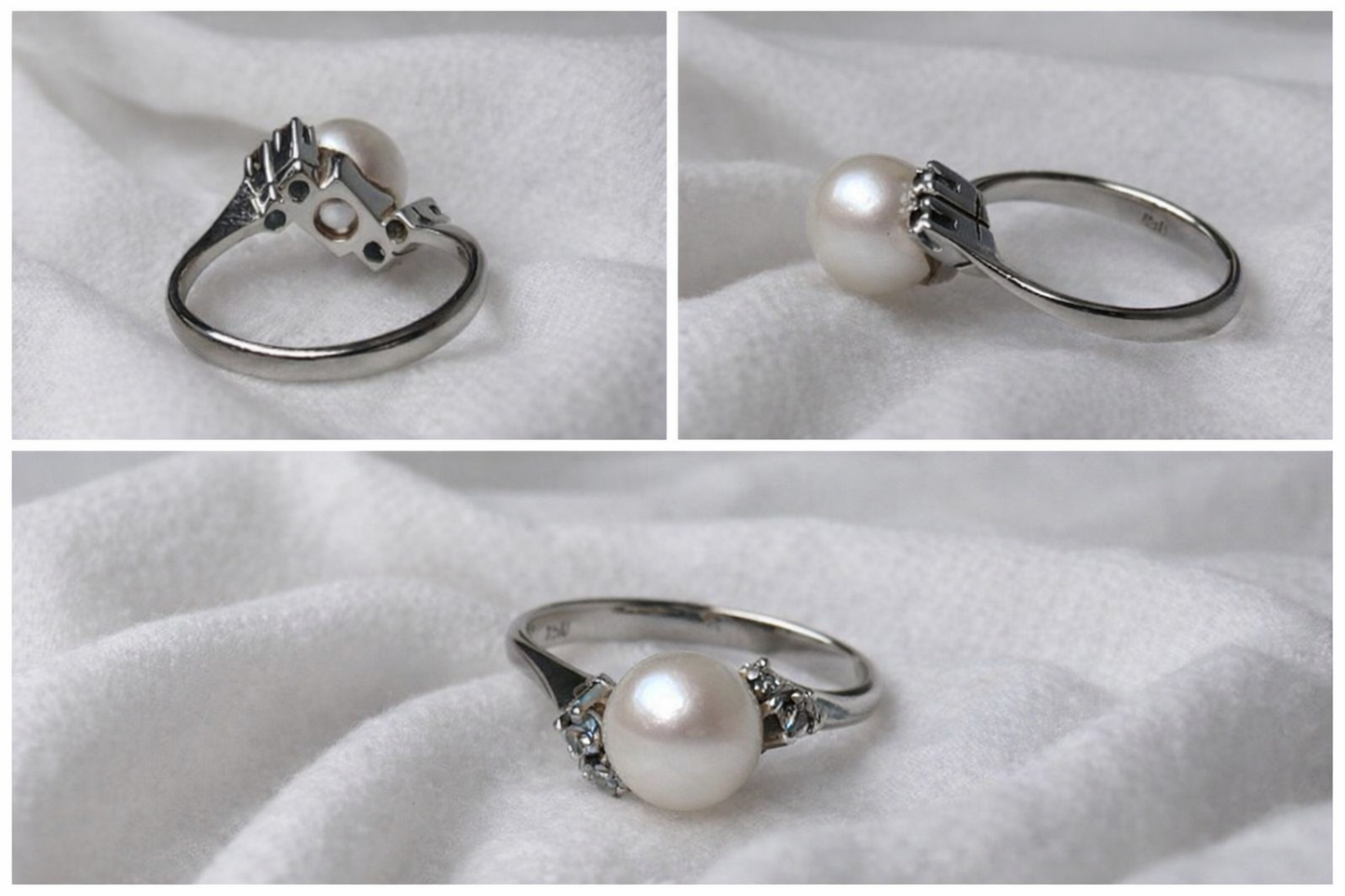 Eleganter Vintage Perlenring aus 750 Weißgold mit Diamanten Gr 51