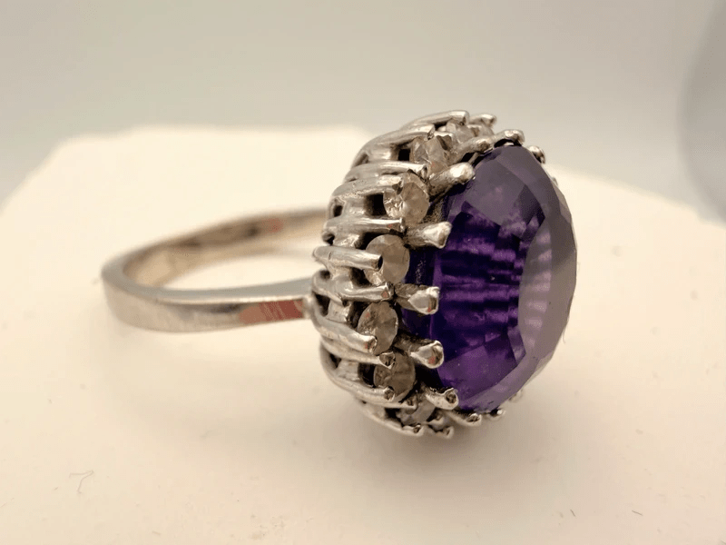 Echter Amethyst Ring 14k Weißgold 585 mit Diamanten – Vintage Cocktail Ring Violett - Laminimas e.K