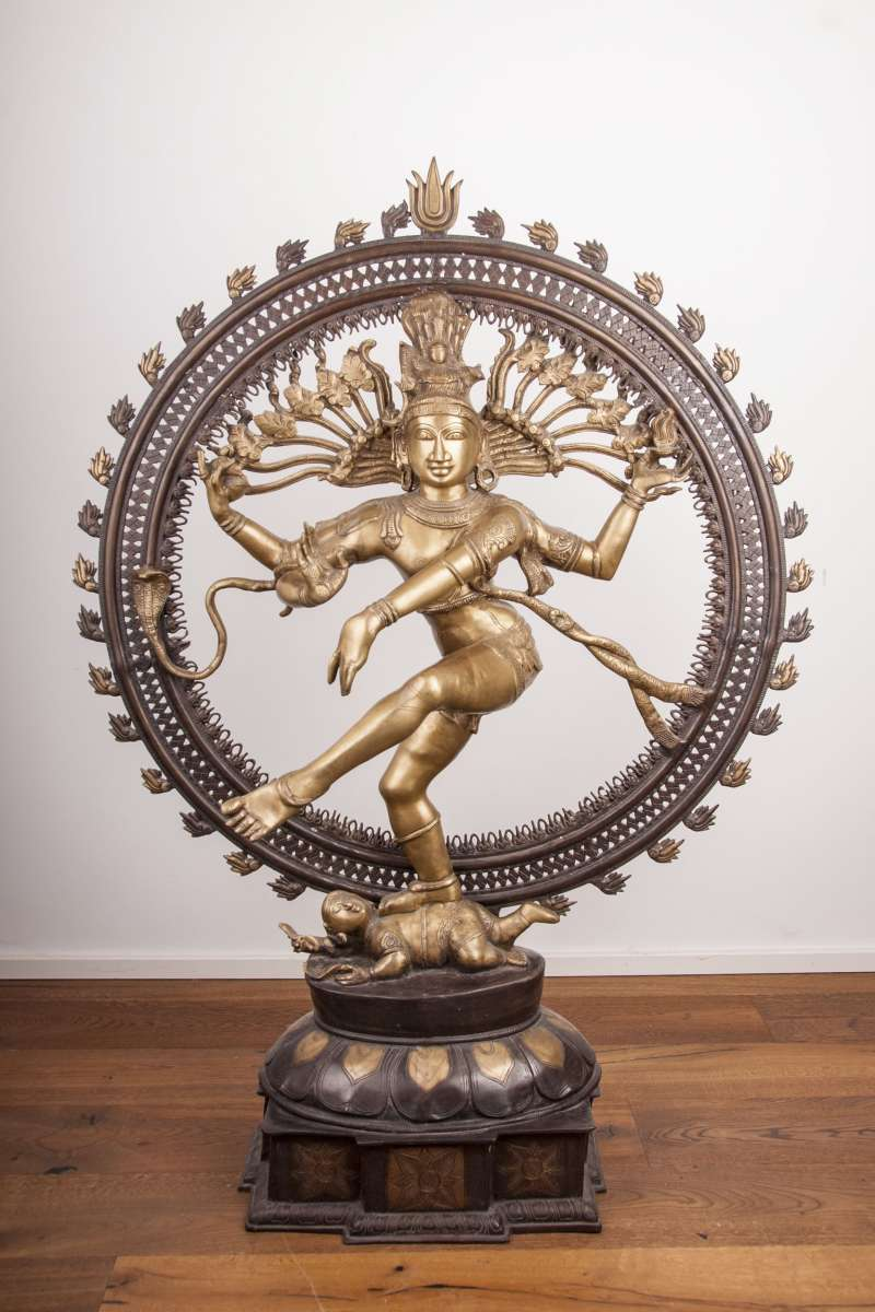 Lebensgroßer Shiva Nataraja (137 cm) - Massive Messingstatue 75,3 kg - Tanzender Shiva antik-braun