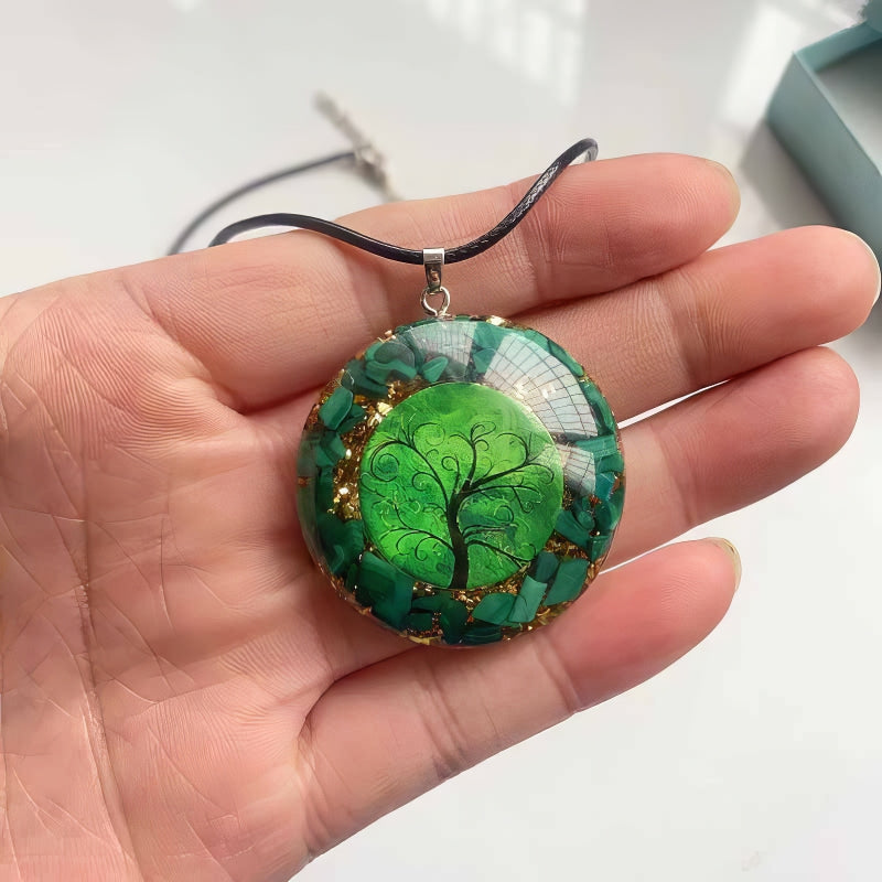 Handmade malachite orgone pendant with tree of life motif