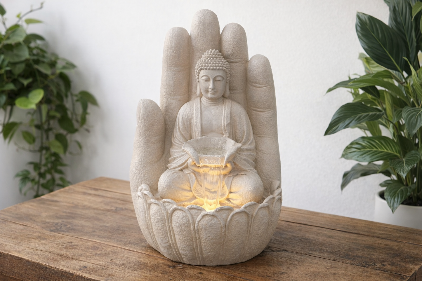 XL Buddha Brunnen "Schützende Hand" (81cm) – Beleuchtetes Zen-Wasserspiel in Sandstein-Optik
