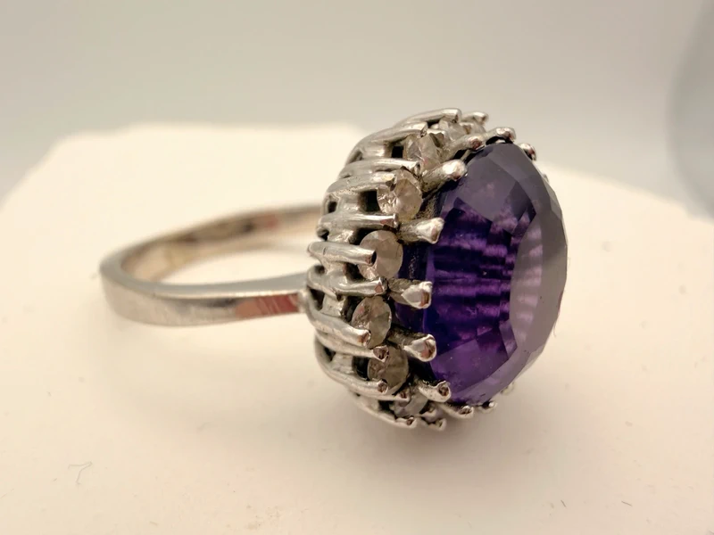 Echter Amethyst Ring 14k Weißgold 585 mit Diamanten – Vintage Cocktail Ring Violett