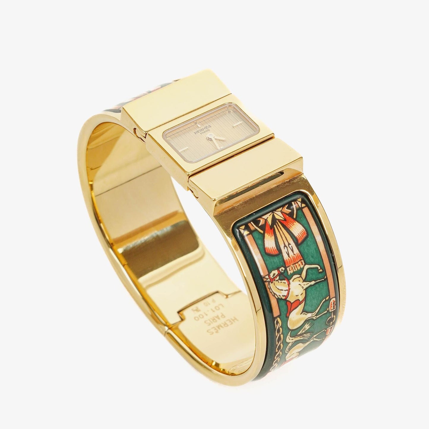 Hermès Loquet Armreif-Quarzuhr L01.100 mit grünem Equestrian Emaille und vergoldetem Finish