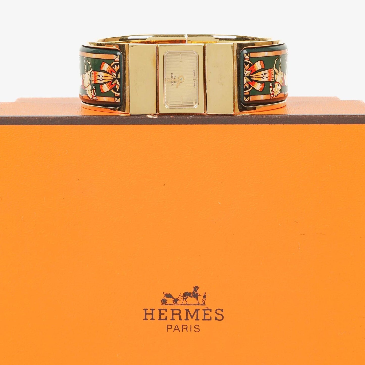 Hermes Grüne Reitsport Emaille und Vergoldete Loquet Armreif Quarzuhr L01.201