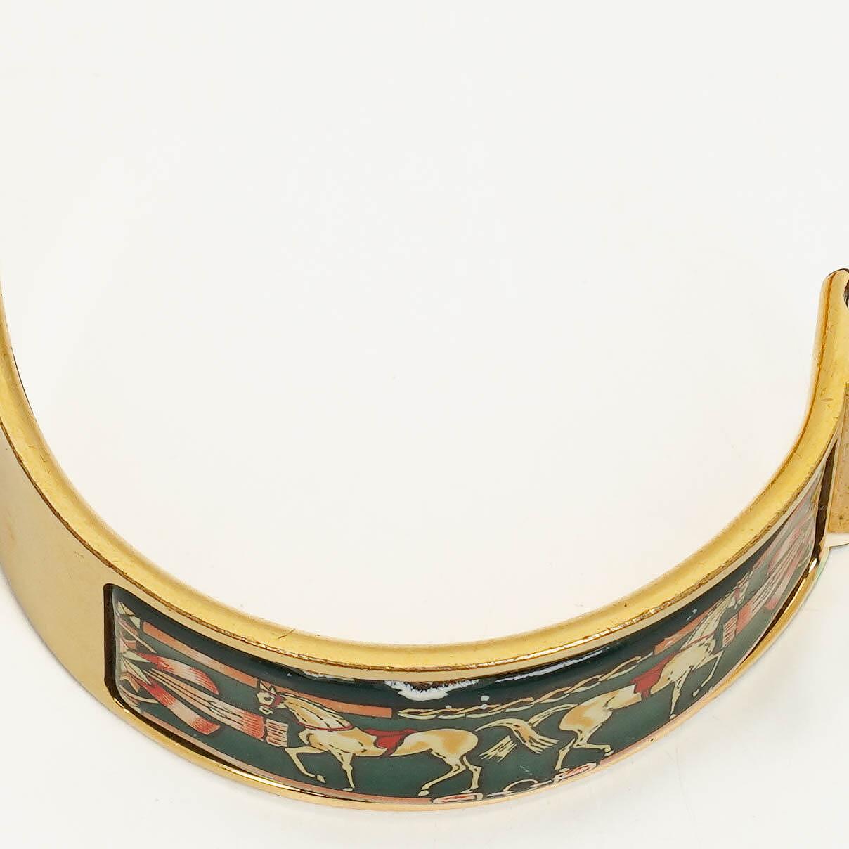 Hermès Loquet Armreif-Quarzuhr L01.201 mit grünem Reitsport-Emaille und Vergoldung
