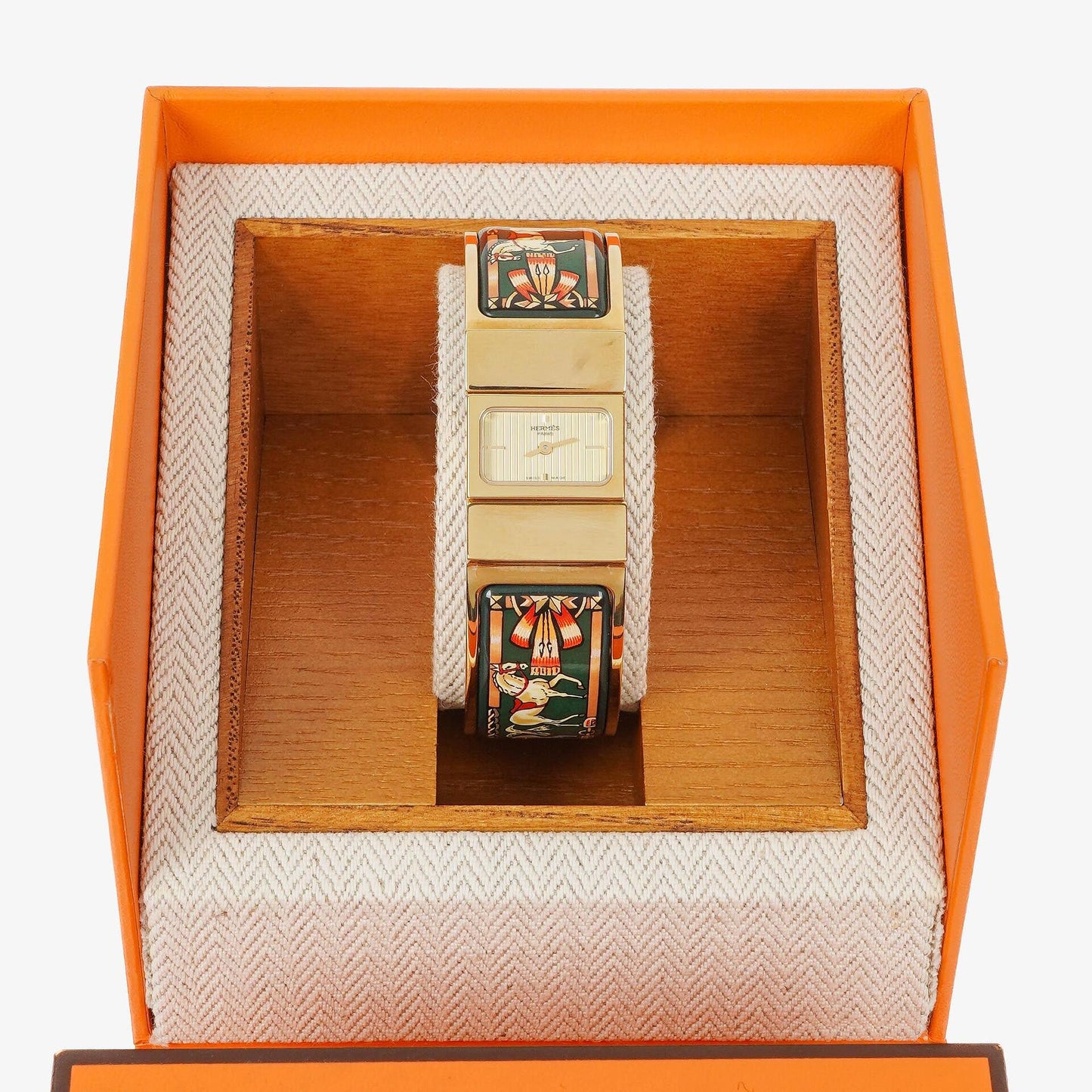 Hermès Loquet L01.201 Armreif-Quarzuhr mit grünem Reitsport-Emaille und Vergoldung