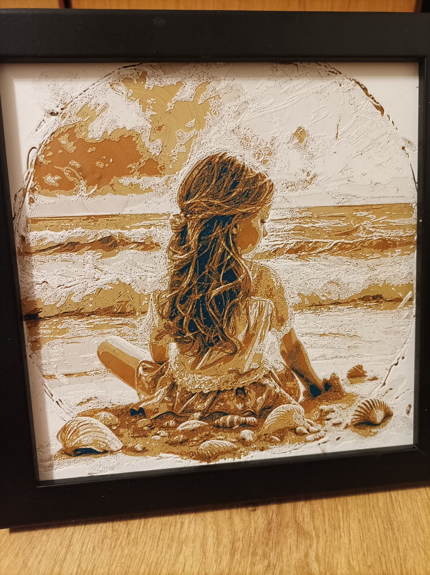 3D-printed wall mural "Girl on the Beach" with frame, 22x22 cm
