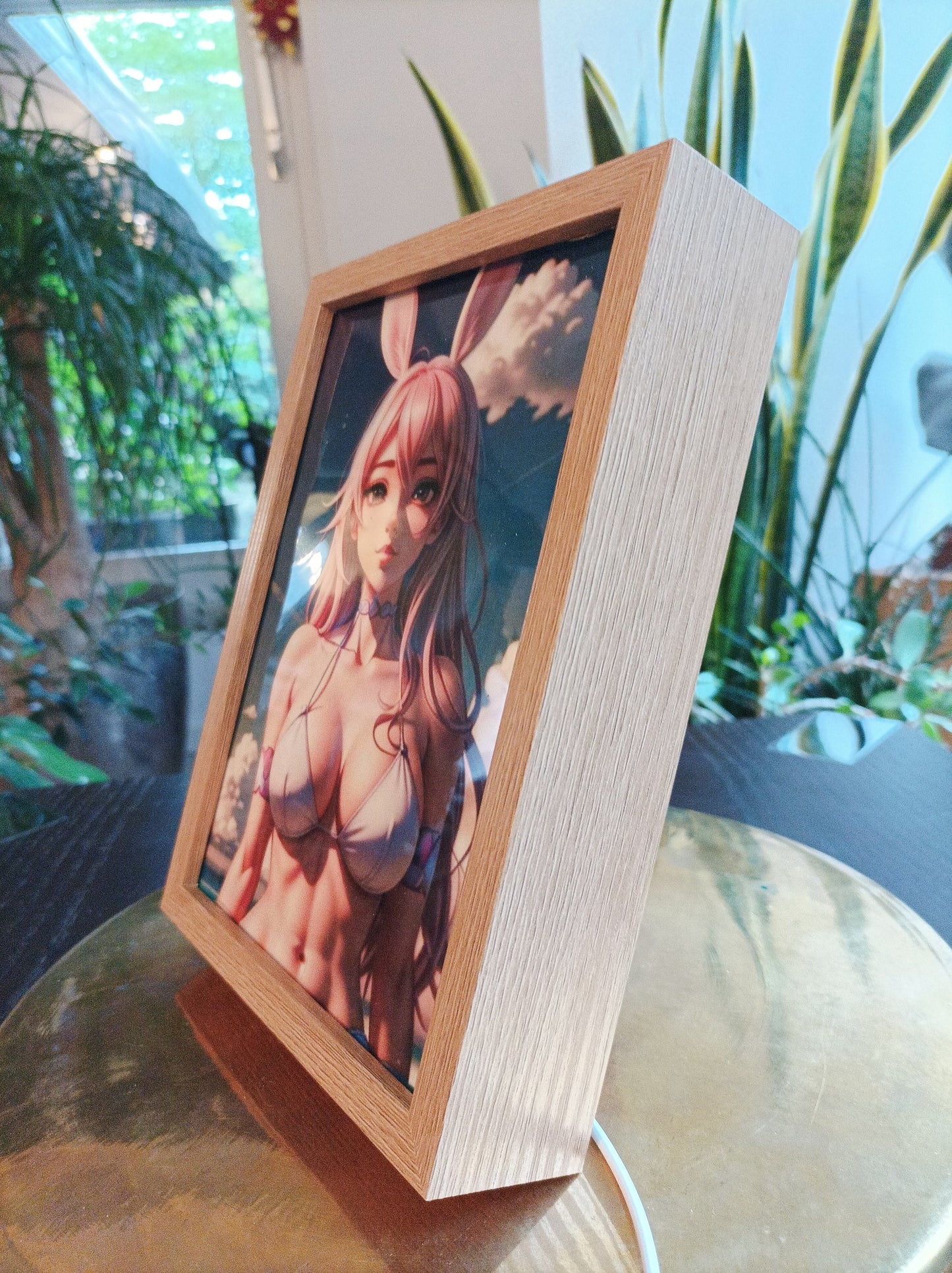 Luminous erotic anime elegance in a wooden frame
