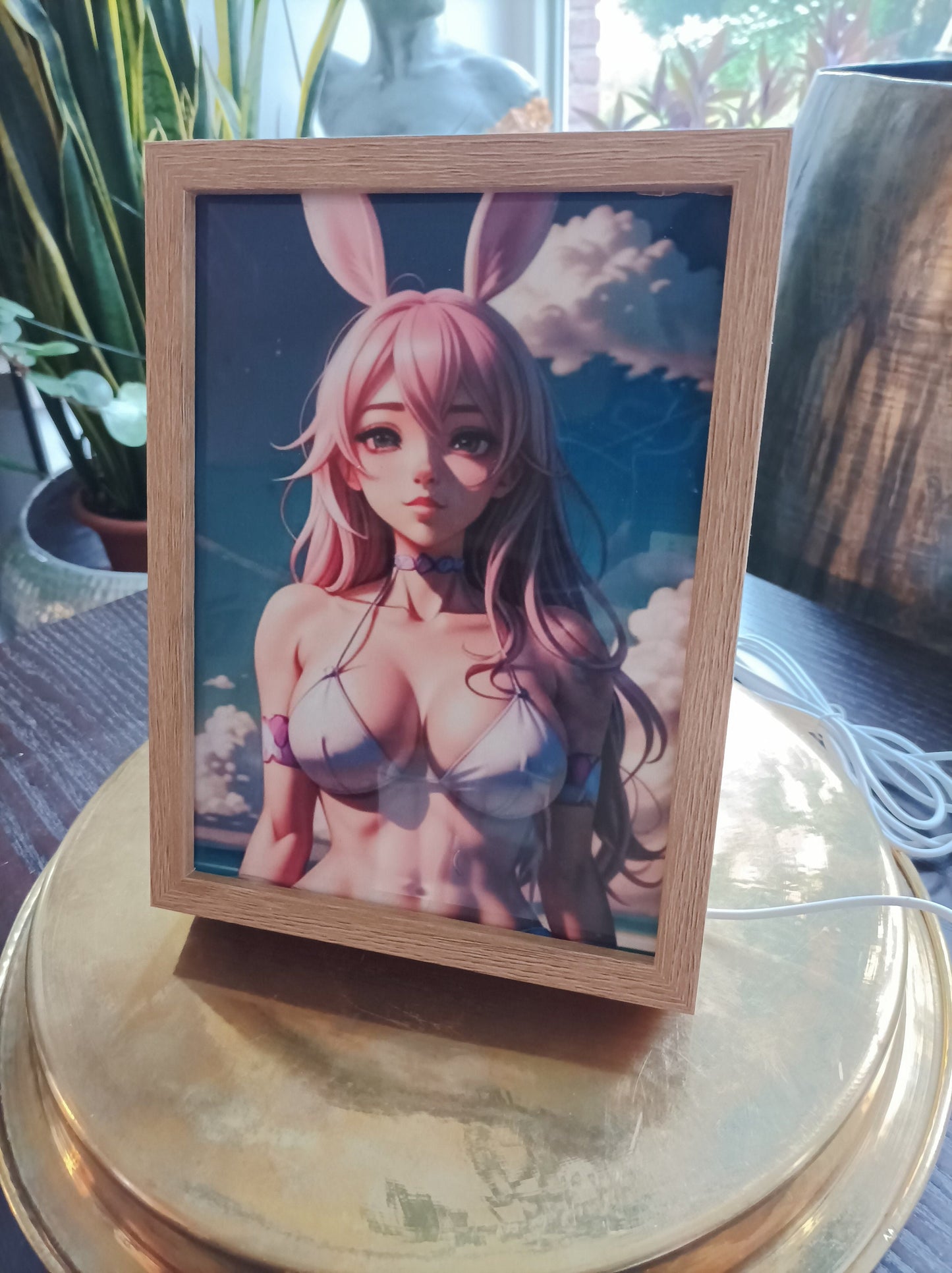Luminous erotic anime elegance in a wooden frame
