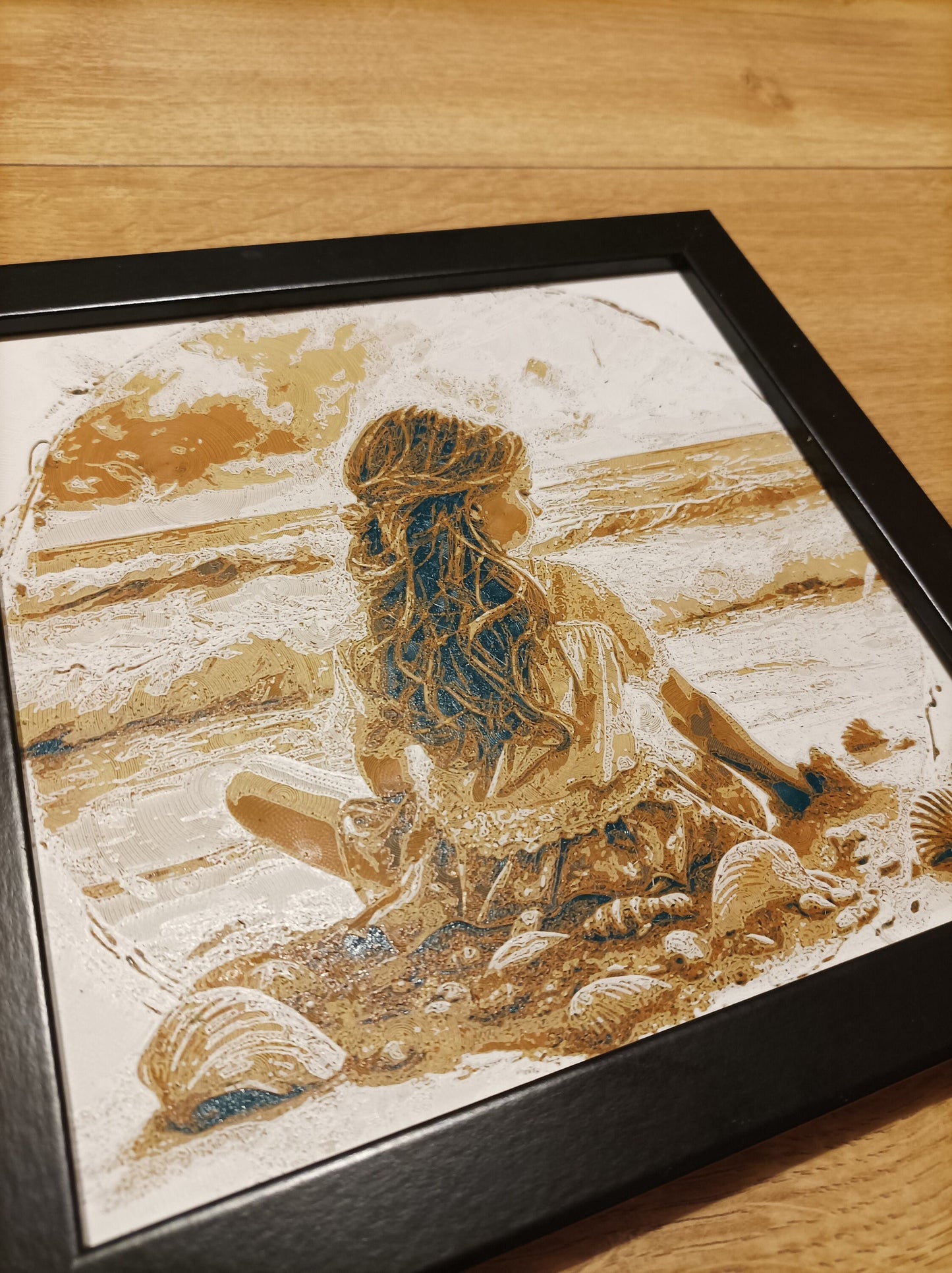 3D-printed wall mural "Girl on the Beach" with frame, 22x22 cm