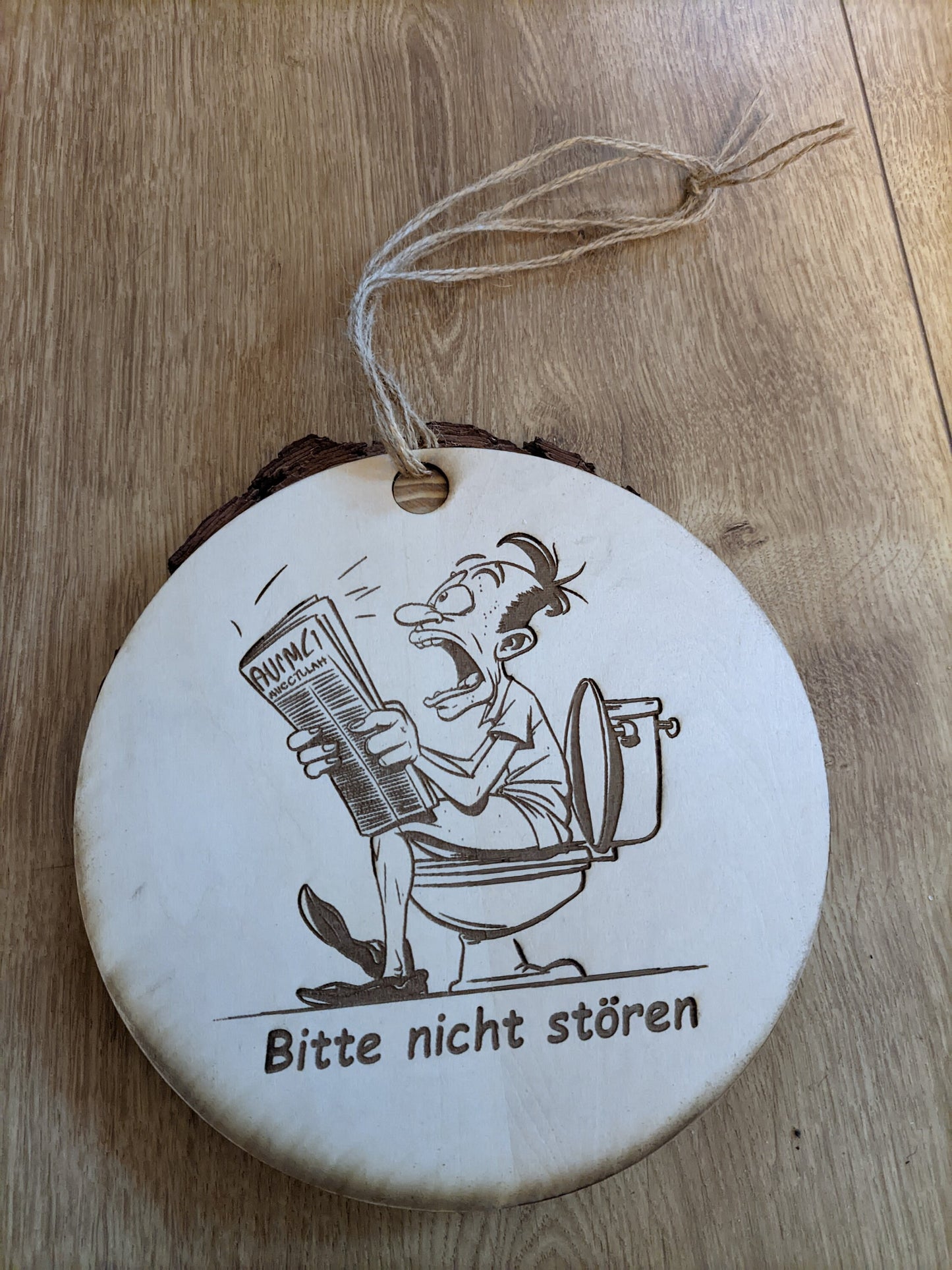 Humorous wooden toilet sign