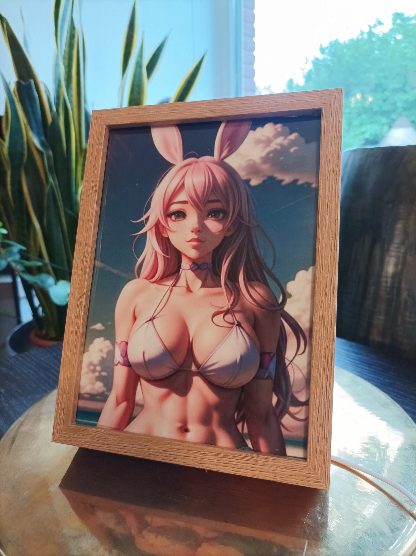 Luminous erotic anime elegance in a wooden frame