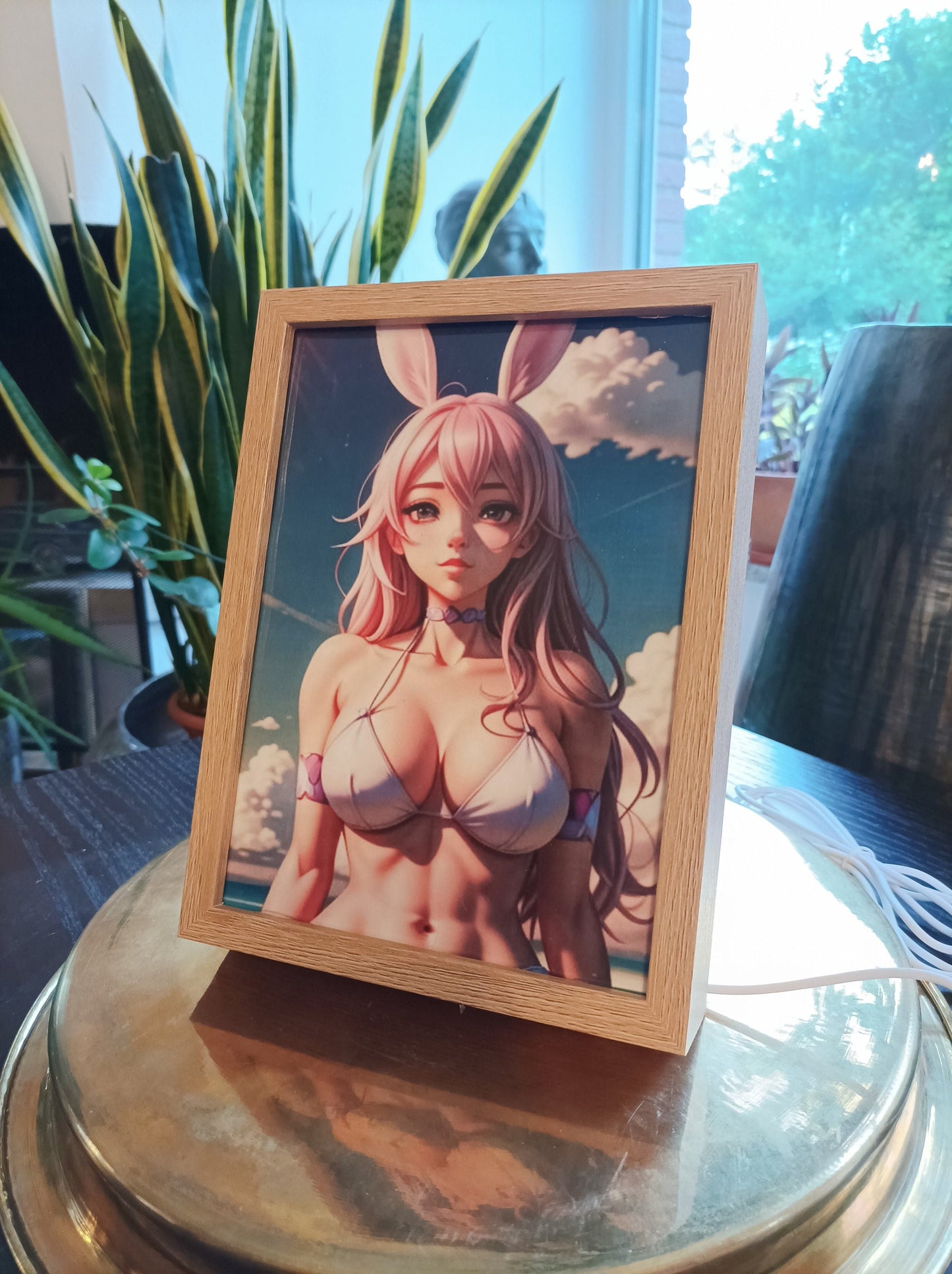 Luminous erotic anime elegance in a wooden frame