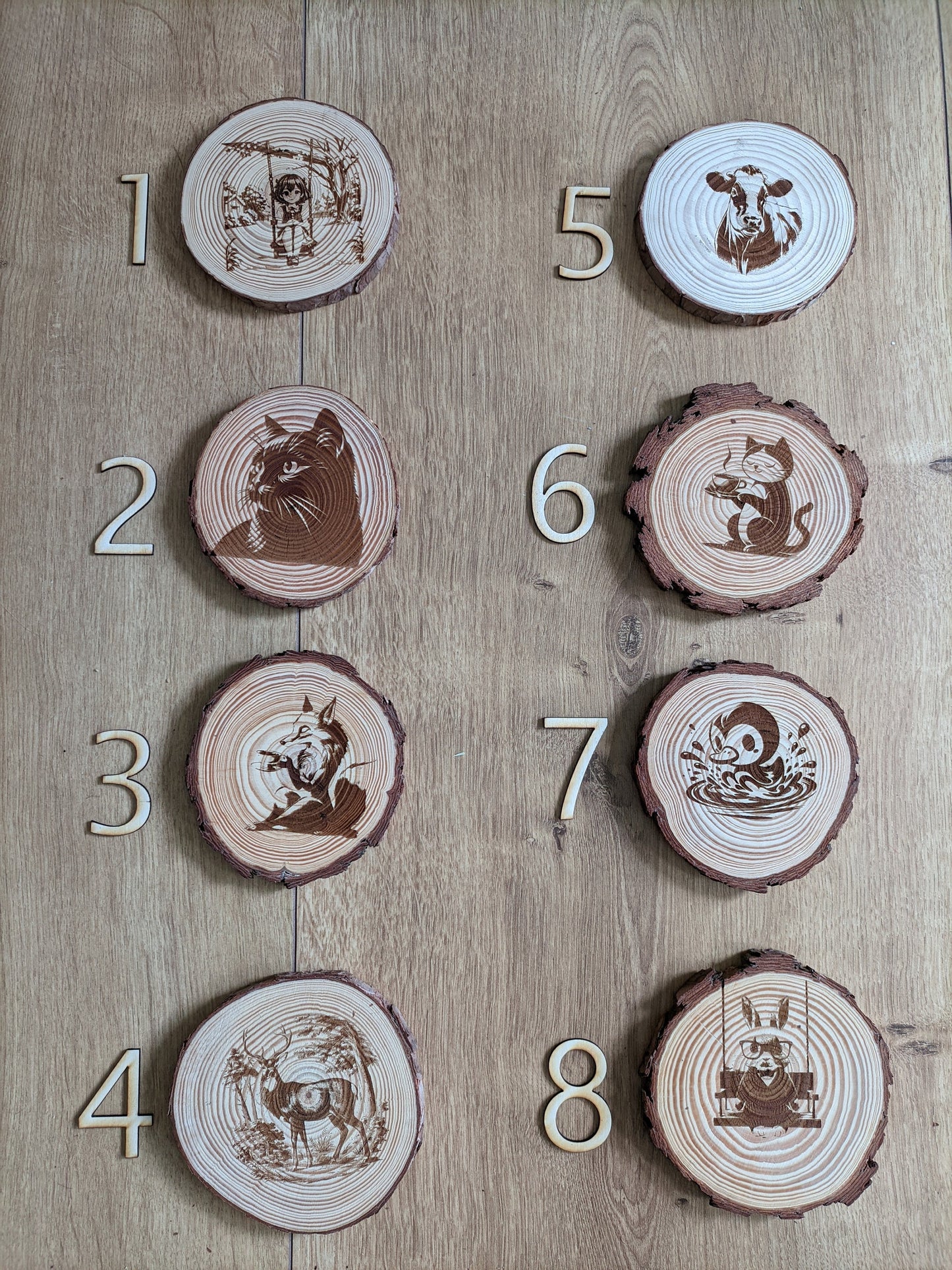 Natural wood coasters with artistic engravings