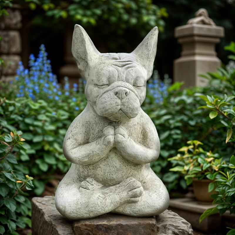 Meditating Bulldog Garden Statue - Handmade Decorative Stone Figurine for Outdoor-ation