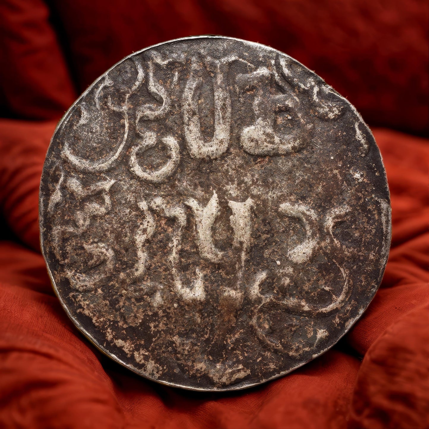 Bardzo rzadki srebrny medal Dvaravati, XII wiek naszej ery, Purnakumbha i napis, Rzadki artefakt buddyjski