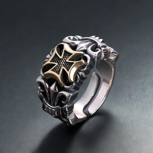 Handgefertigter 925er silberbeschichteter Ring mit Kreuz | Herrenring | Verstellbar | Jahrgang | Einzigartiges Design | Geschenk für Ihn