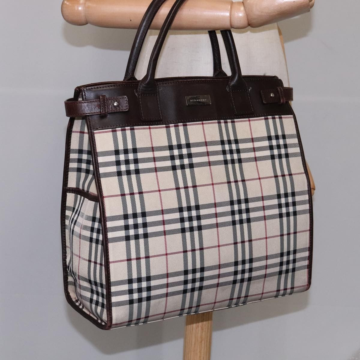 Burberry BURBERRY Nova Check Hand Bag Canvas Leather Beige Brown Silver Authentic 112330