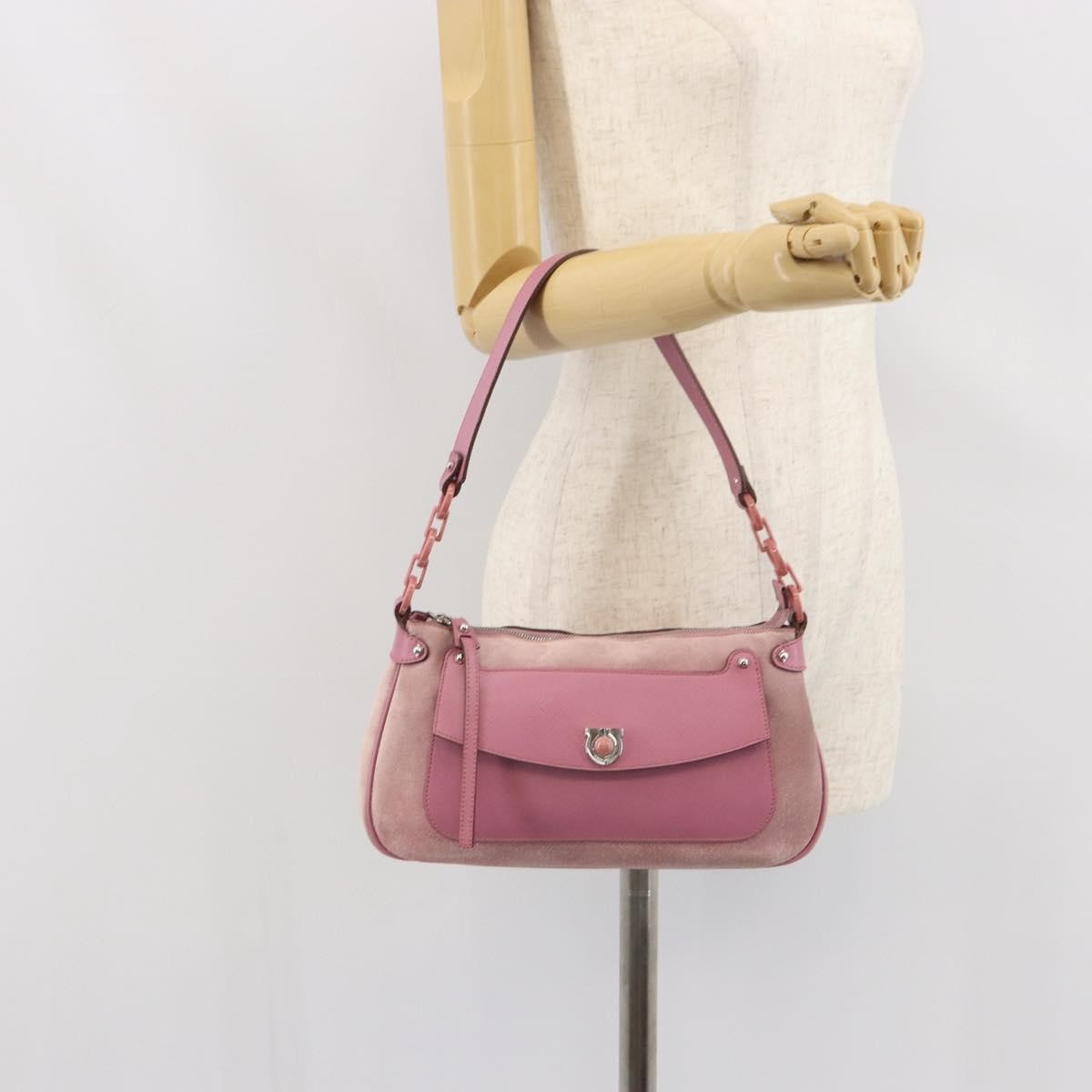 Salvatore Ferragamo Salvatore Ferragamo Gancini Shoulder Bag Suede Pink Silver Authentic 166453