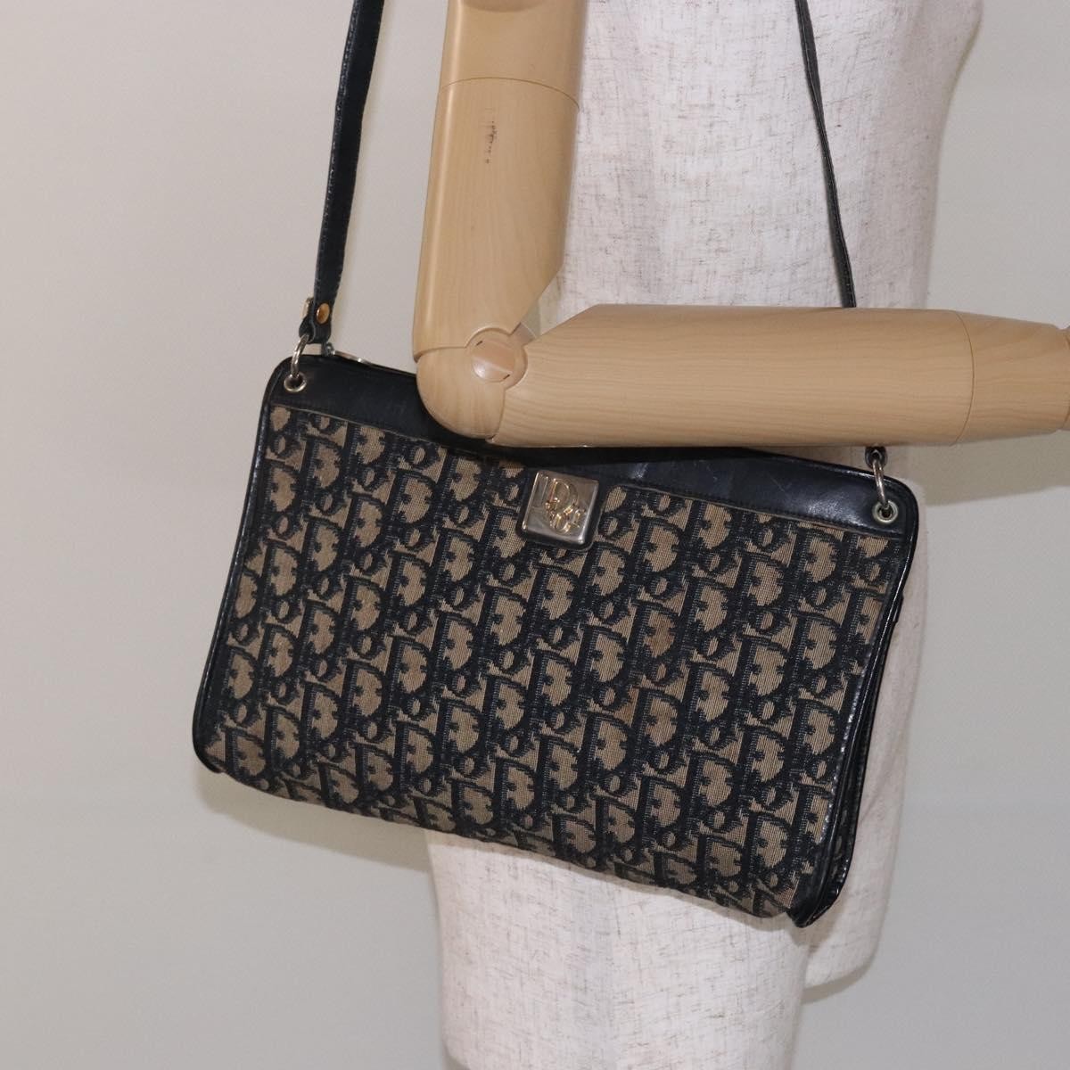 Dior Christian Dior Trotter Canvas Shoulder Bag Navy Gold Authentic 141525