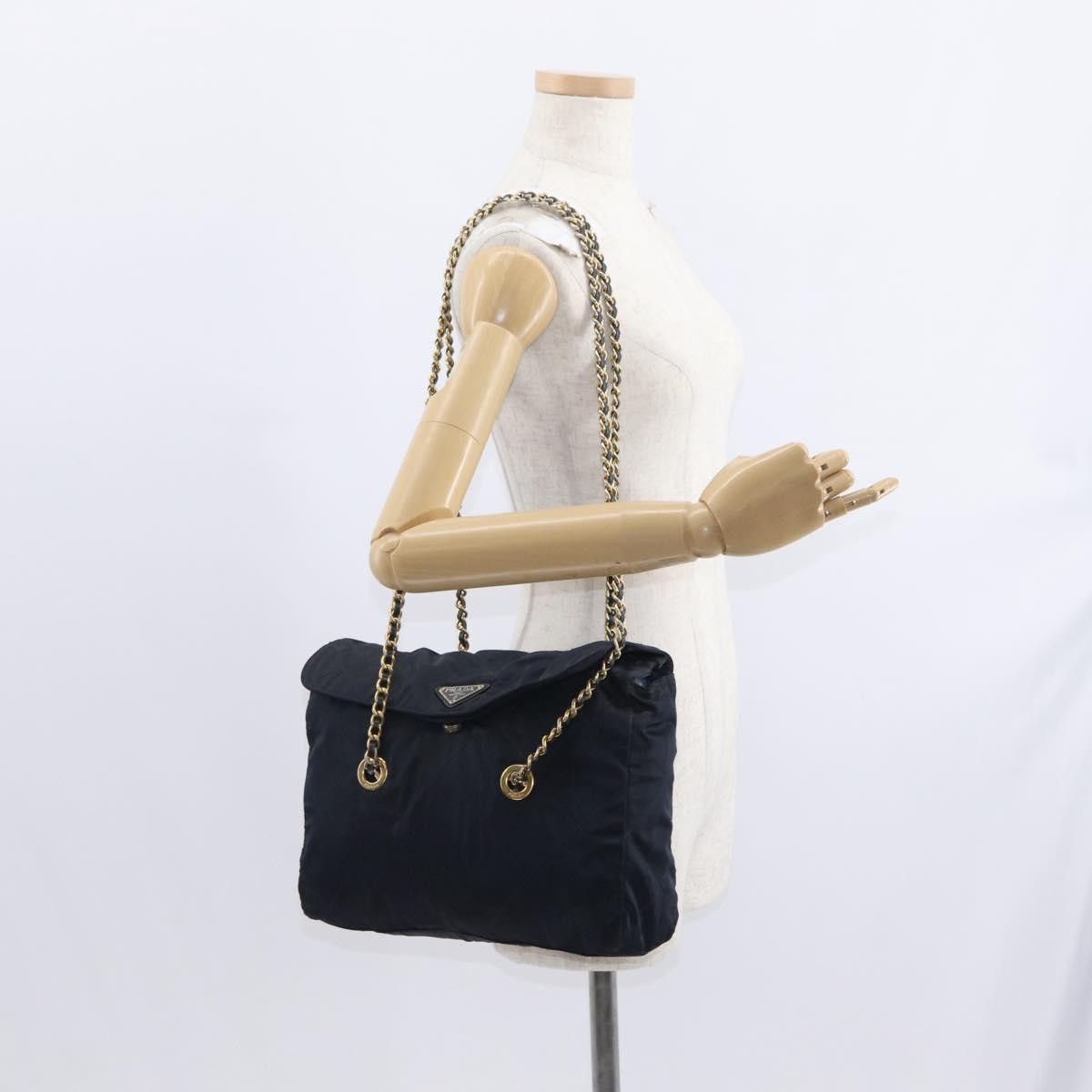 Prada PRADA Chain Shoulder Bag Nylon Navy Gold Authentic ka893