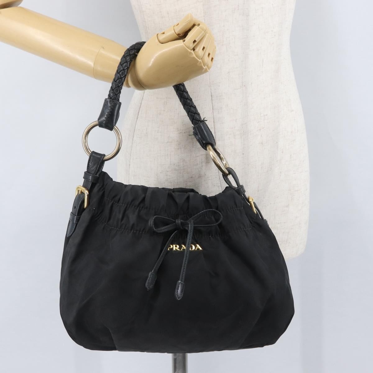 Prada PRADA Hand Bag Nylon Black Gold Authentic 172825