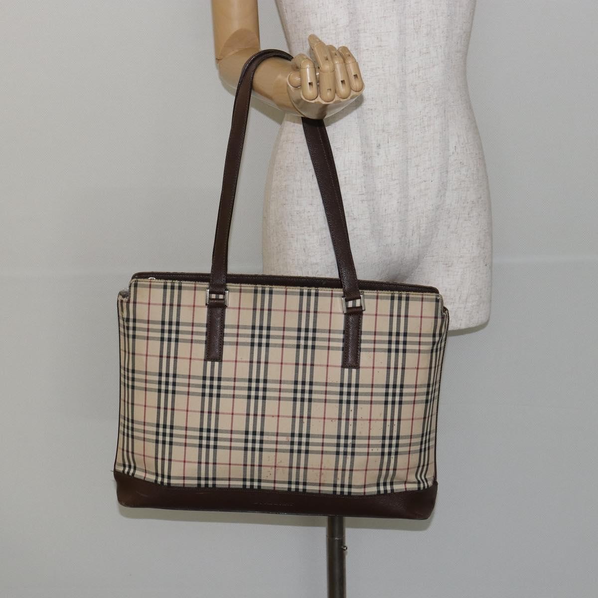 Burberry BURBERRY Nova Check Tote Bag Canvas Leather Beige Silver Authentic 144429