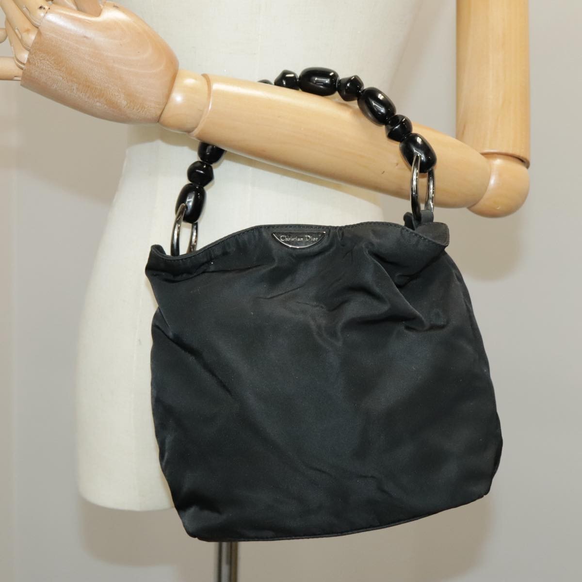 Dior Christian Dior Hand Bag Nylon Black Silver Authentic ar12776