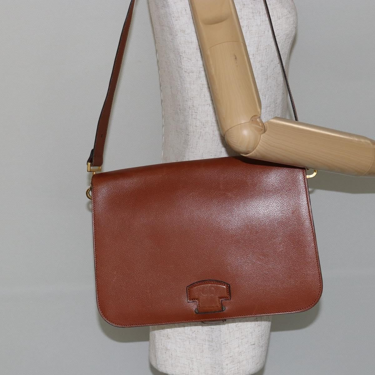 Dior Christian Dior Shoulder Bag Leather Brown Gold Authentic hk3117
