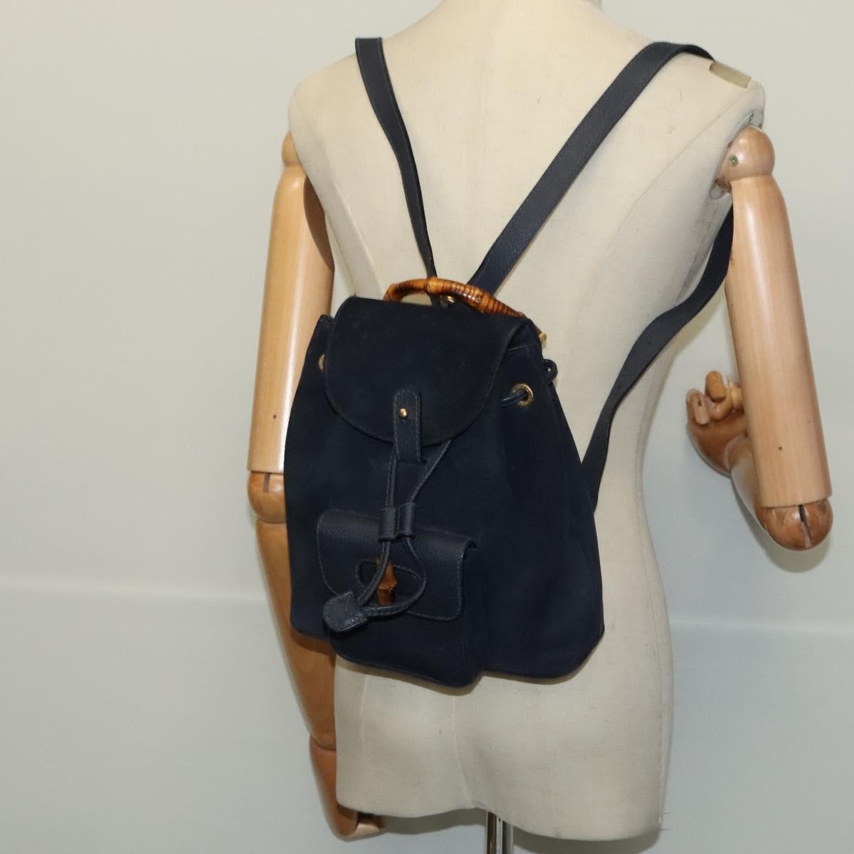 Gucci GUCCI Bamboo Backpack Suede Navy Gold 003 2034 0030 Authentic ep10733 Bag