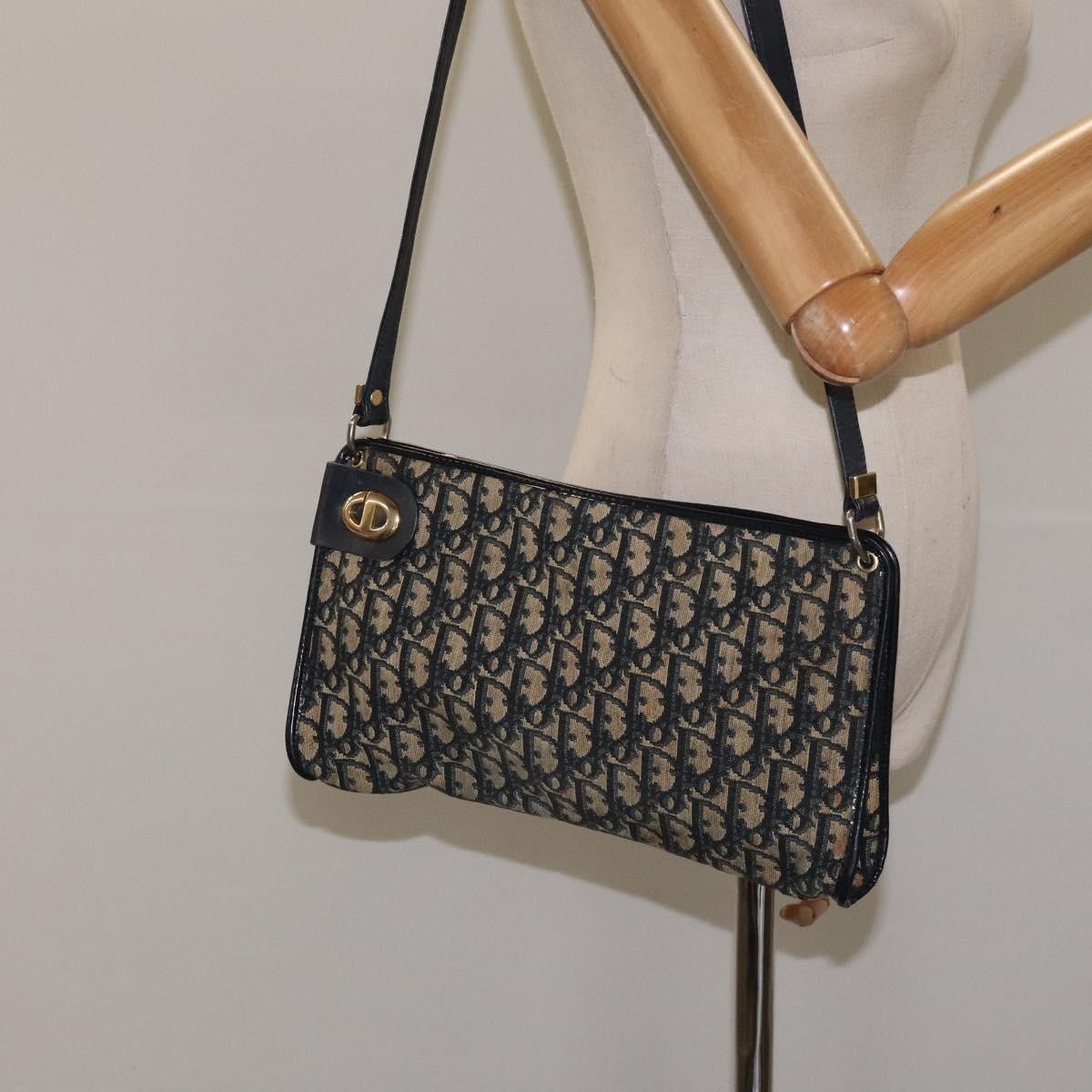 Dior Christian Dior Trotter Canvas Shoulder Bag Navy Gold Authentic 126267