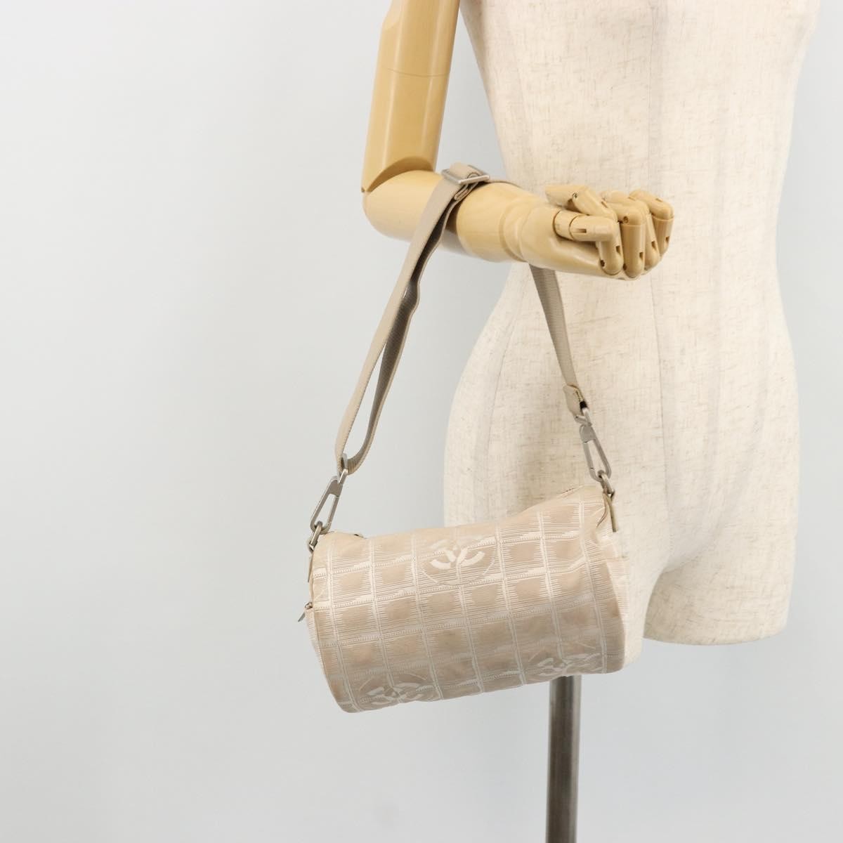 Chanel CHANEL New Travel Line Shoulder Bag Nylon Beige Silver CC Authentic BA12317