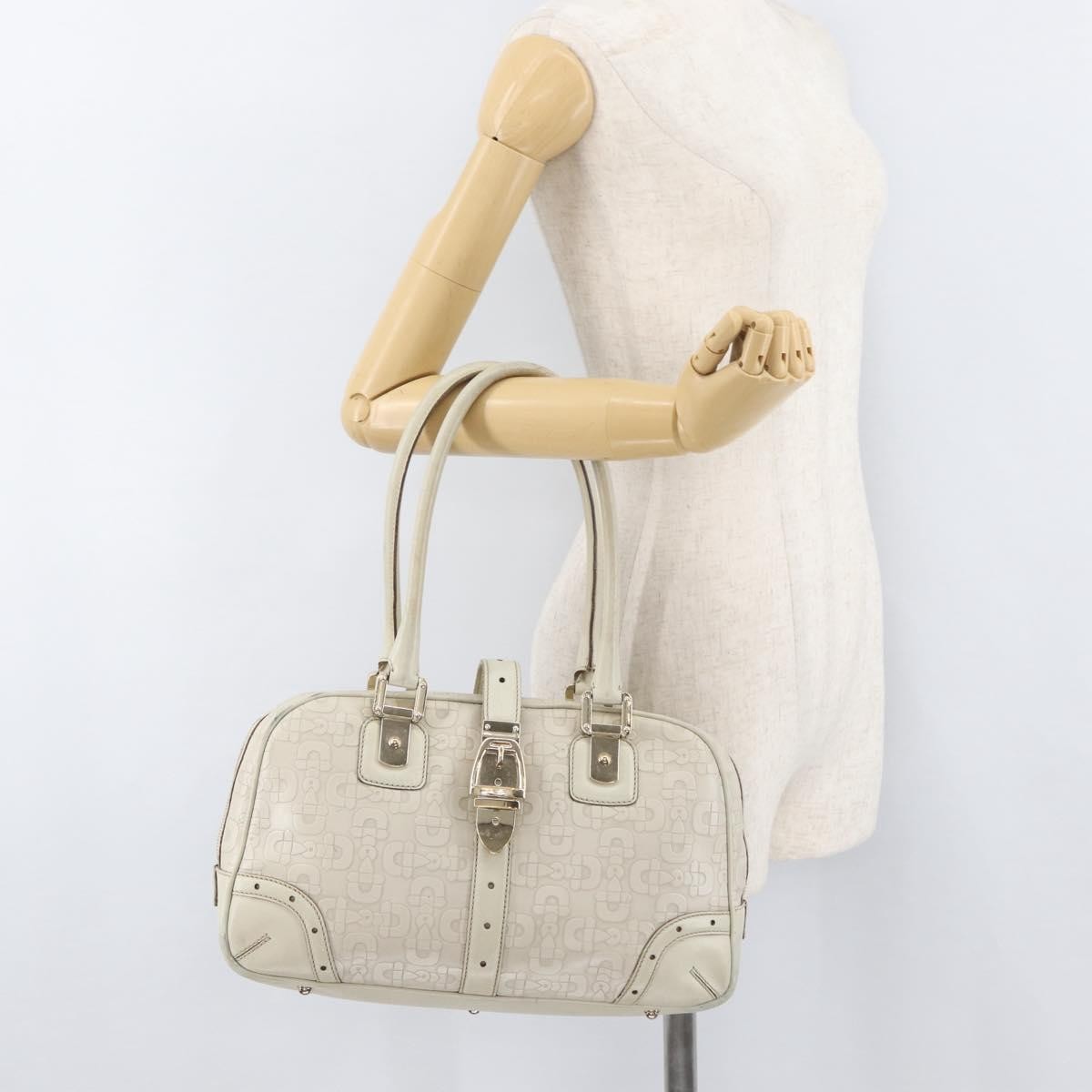 Gucci GUCCI Horsebit Hand Bag Leather White Gold 145770 Authentic bs34368
