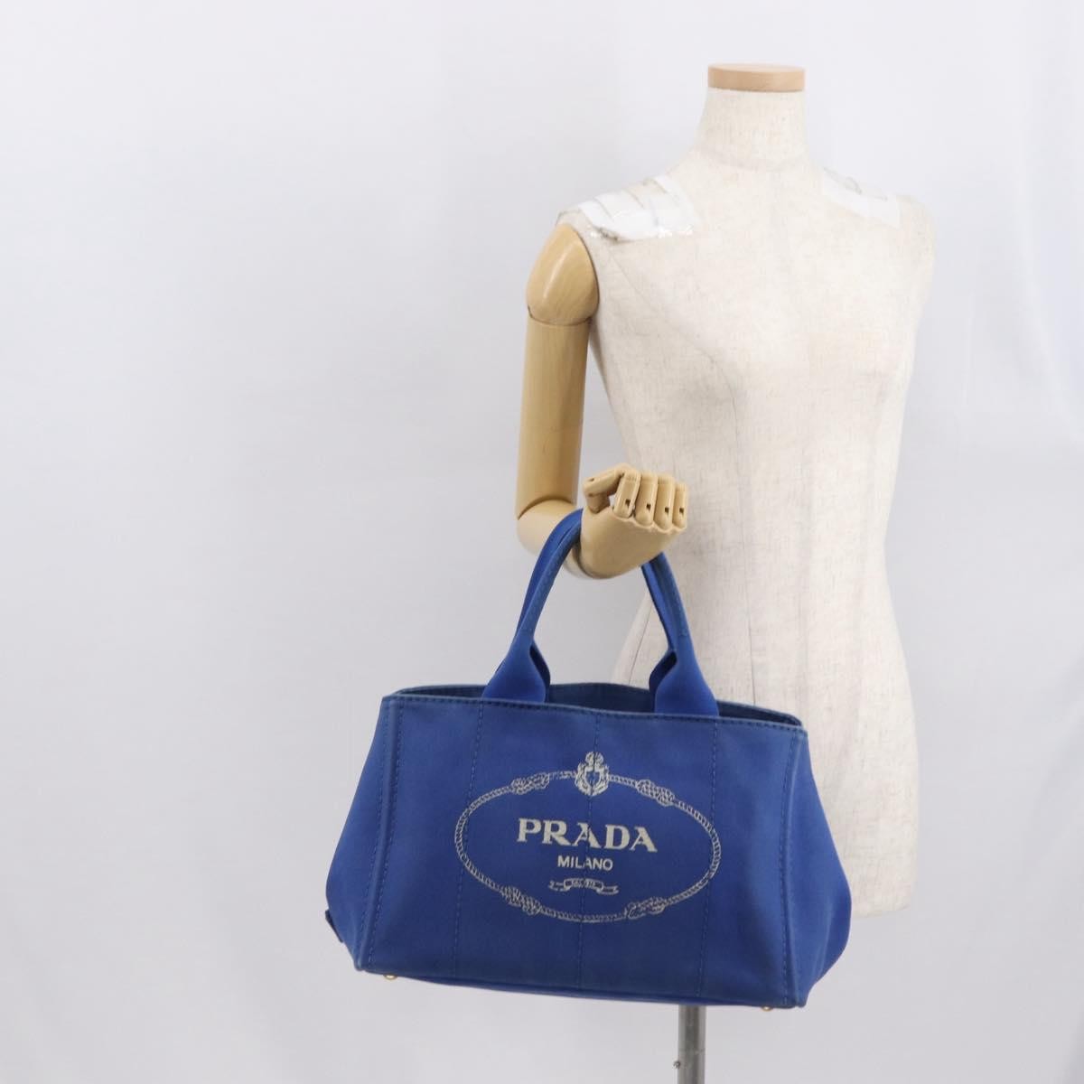 Prada PRADA Canapa MM Hand Bag Canvas Blue Gold Authentic 162140