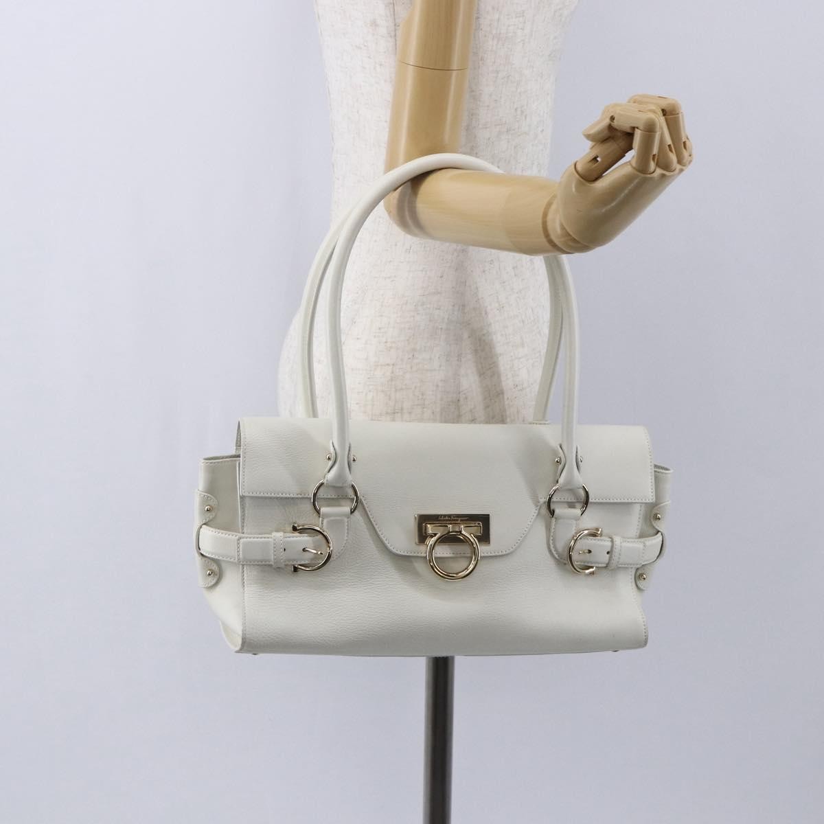 Salvatore Ferragamo Salvatore Ferragamo Gancini Shoulder Bag Leather White Gold Authentic 154689