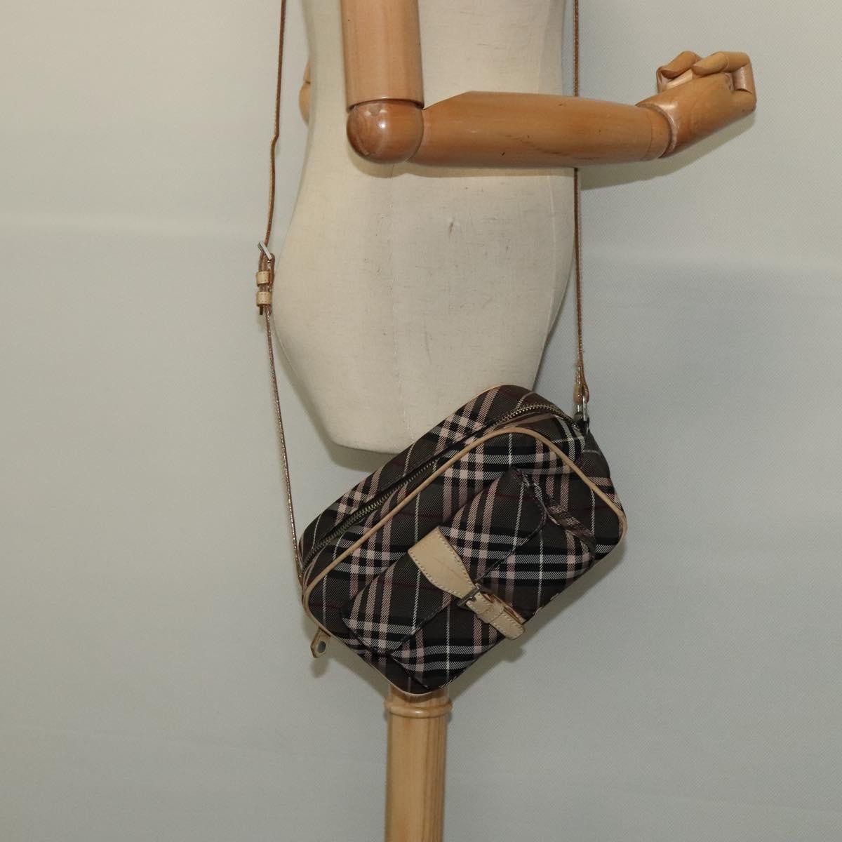 Burberry BURBERRY Nova Check Blue Label Shoulder Bag Nylon Brown Silver Authentic ti3061